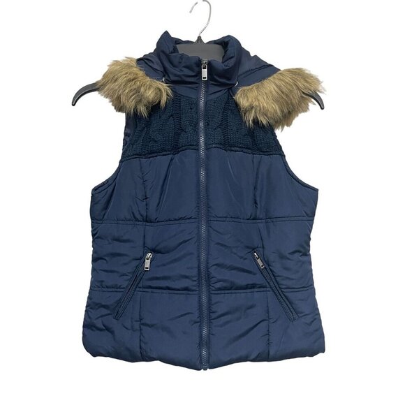 Maurices Navy Blue Hooded Puffer Vest Faux Fur Trim & Cable Knit Yoke Size‎ Med - Picture 3 of 9